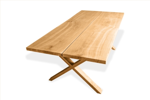 Küchentisch Esstisch 2-Bretter Massivholz Eiche Massiv 40mm mit X Tischgestell eng klar lackiert